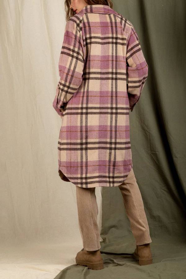 Plaid print drop shoulder overcoat