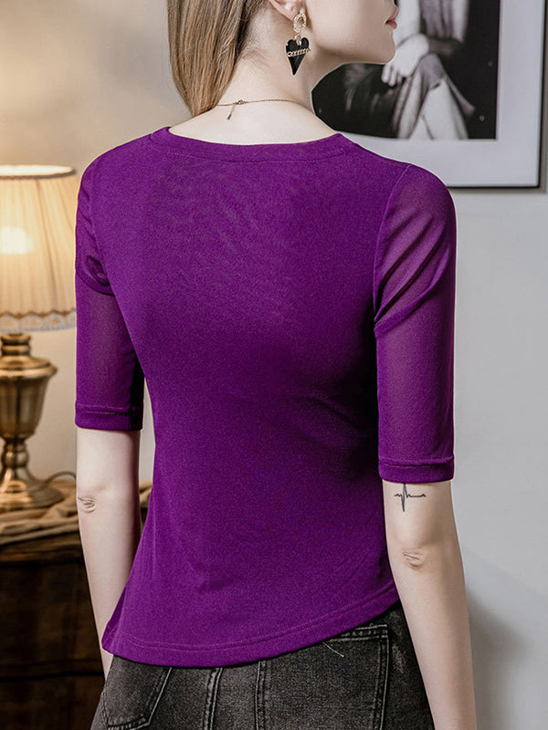 Half Sleeves Plus Size Asymmetric Pleated Solid Color Split-Joint Round-Neck T-Shirts Tops