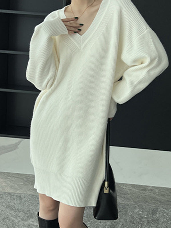 Simple Loose Long Sleeves Solid Color V-Neck Sweater Dresses