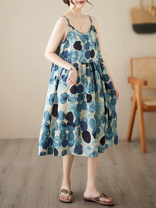 Loose Sleeveless Pleated Printed Split-Joint Spaghetti-Neck Midi Dresses