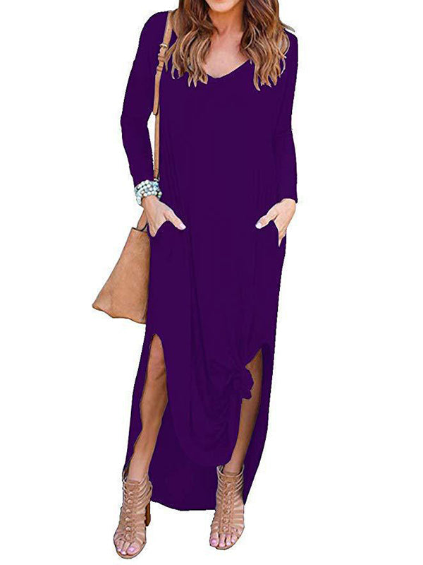 Long Sleeves Loose Solid Color Split-Side V-Neck Maxi Dresses