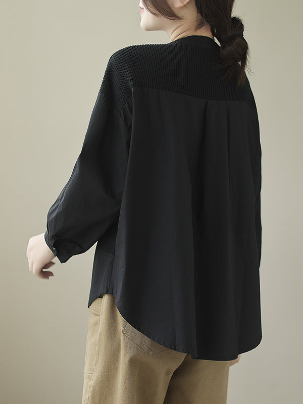 Long Sleeves Loose Asymmetric Buttoned Pockets Split-Joint Round-Neck Blouses&Shirts Tops