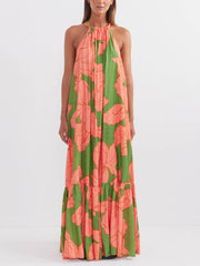 Halter Neck Floral Print Trapeze Layered Maxi Dress