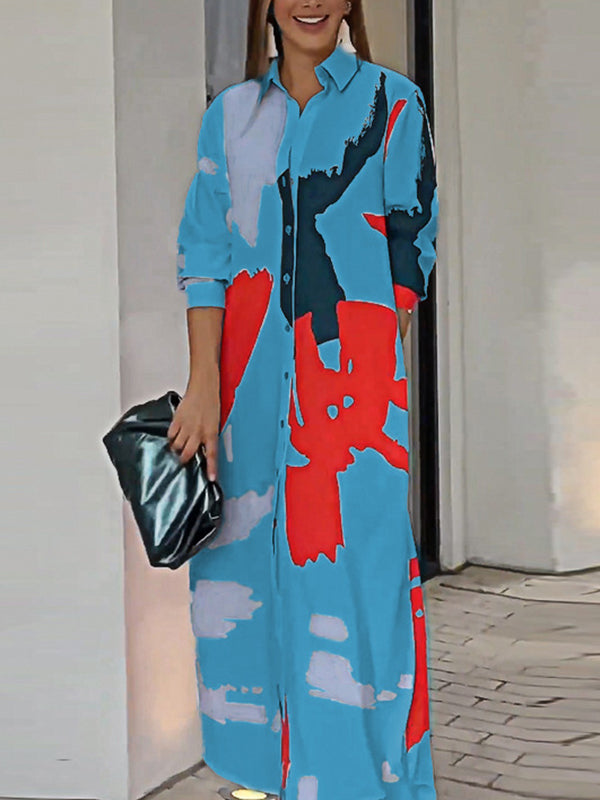 Loose Wrap Buttoned Contrast Color Pockets Printed Split-Side Shirt Dress