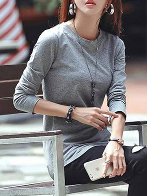 Long Sleeves Solid Color Round-Neck T-Shirts Tops