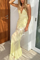 Deep V Neck Sequins Fishtail Hem Backless Gowns Slip Maxi Dresses-Yellow