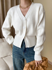 Long Sleeves Loose Solid Color V-Neck Cardigan Tops