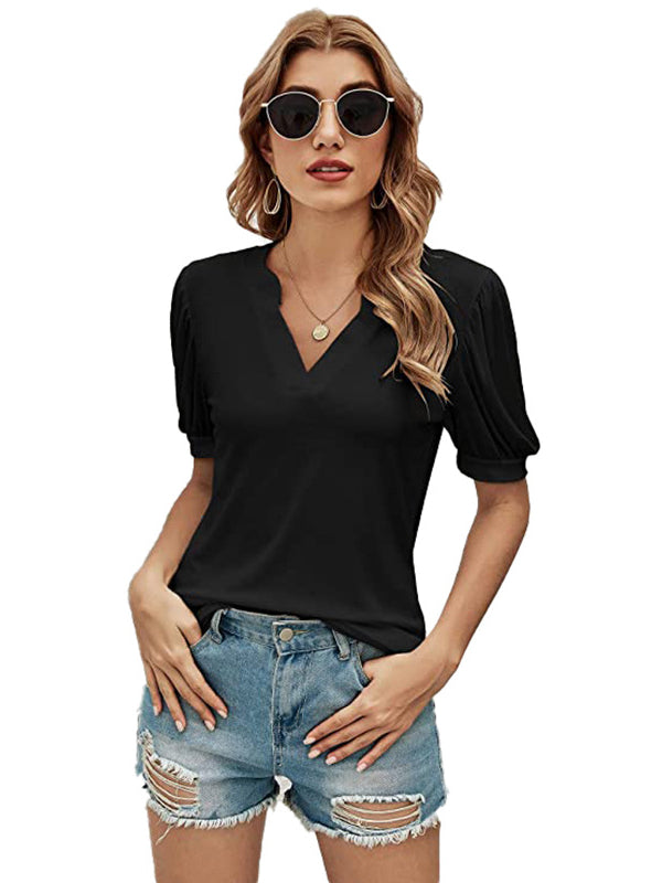 Simple Solid Color V-Neck Puff Sleeves T-Shirt Top