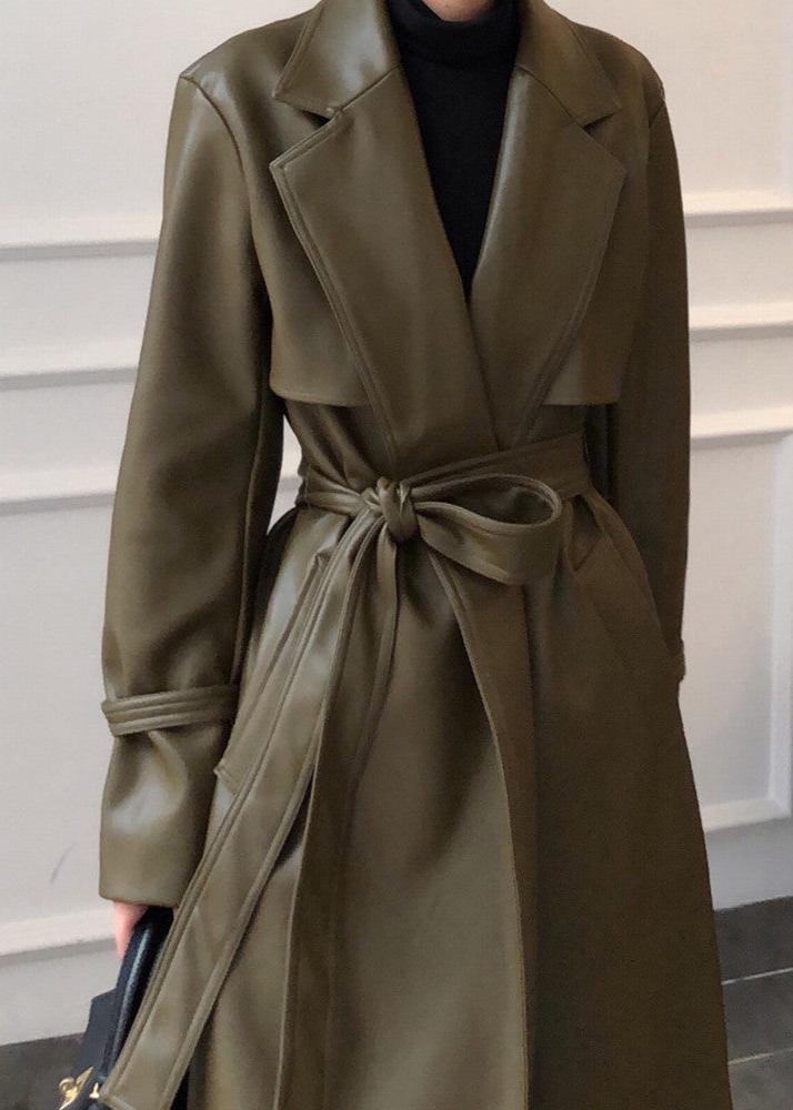 Olive Faux Leather Belted Trench Coat