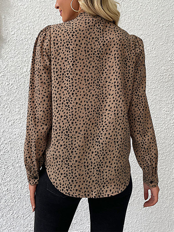 Long Sleeves Loose Leopard Tied V-Neck Blouses&Shirts Tops