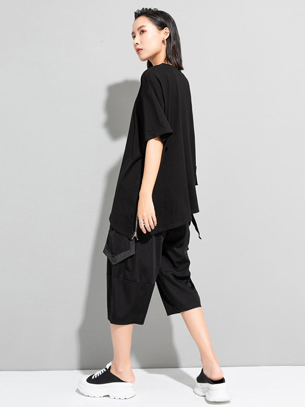 Stylish Loose Pocket Split-Joint Irregular Black T-Shirt