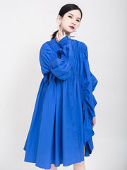 Blue Loose Pleated Cropped Blouse Dress