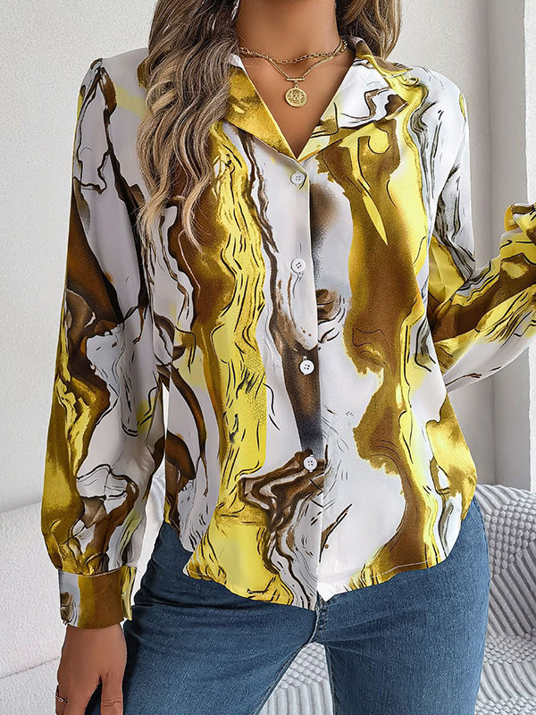 Long Sleeves Loose Buttoned Printed Notched Collar Blouses&Shirts Tops