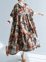 Loose Puff Sleeves Floral Printed Round-Neck Midi Dresses