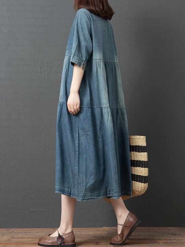 Plus Size Loose V-Neck Denim Midi Dress