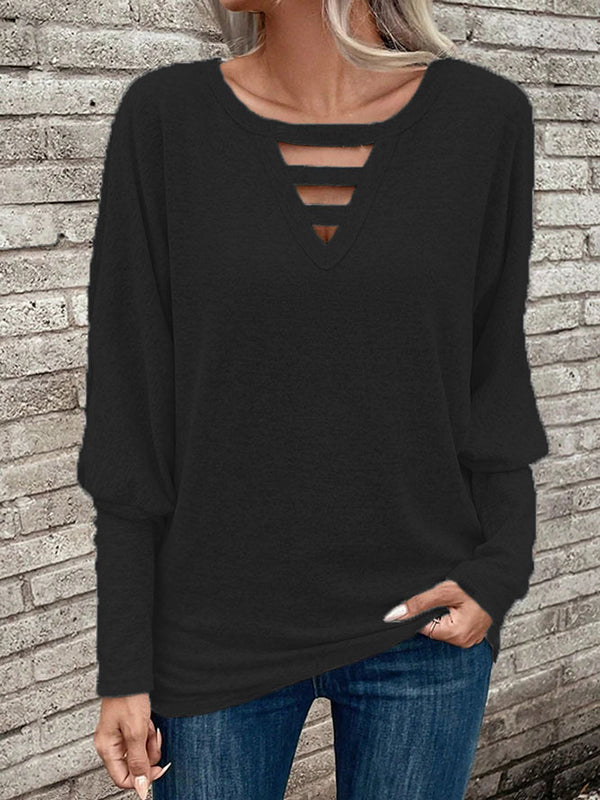 Long Sleeves Loose Hollow Solid Color Split-Joint V-Neck T-Shirts Tops