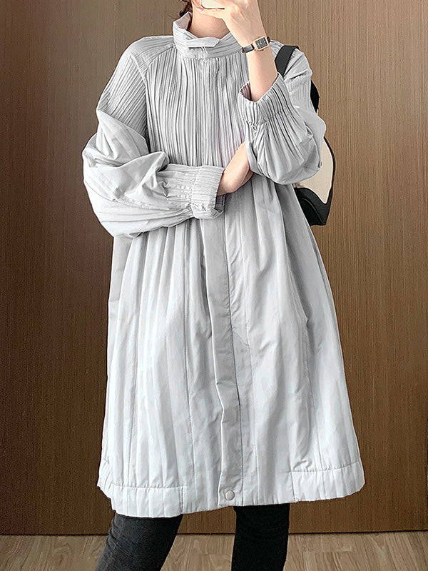 Long Sleeves Loose Pleated Quilted Solid Color Zipper Asymmetric Collar Padded Coat