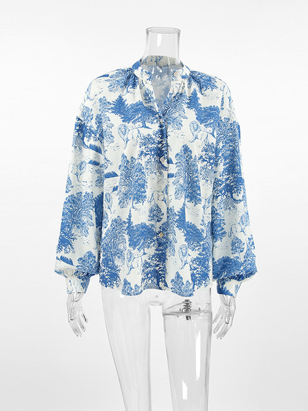 Loose Puff Sleeves Floral Printed Pleated Split-Joint Stand Collar Blouses&Shirts Tops