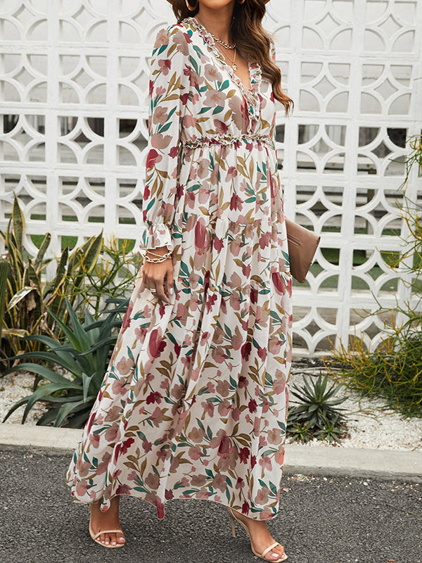 High Waisted Long Sleeves Flower Print Pleated Ruffled V-Neck Maxi Dresses