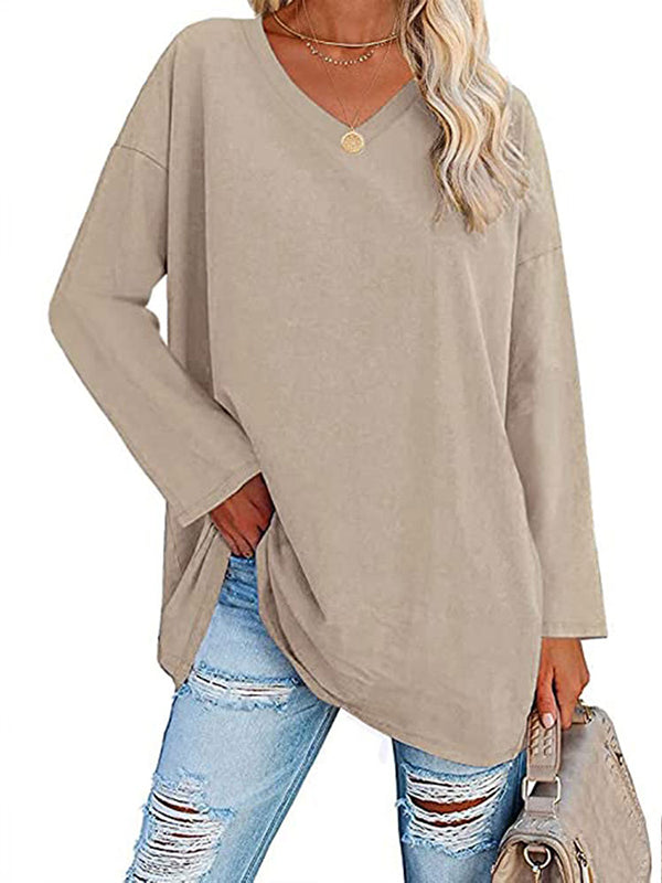 Long Sleeves Loose See-Through Solid Color Split-Joint V-Neck T-Shirts