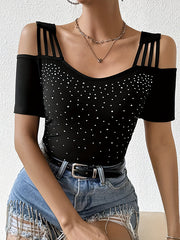 Short Sleeves Hollow Rhine Stones Split-Joint Cold Shoulder T-Shirts Tops