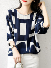 Loose Three-Quarter Sleeves Printed Split-Joint Round-Neck Blouses&Shirts Tops