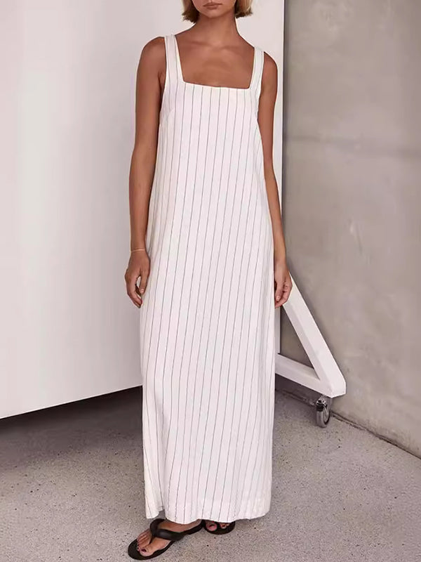 A-Line Loose Striped Square-Neck Maxi Dresses