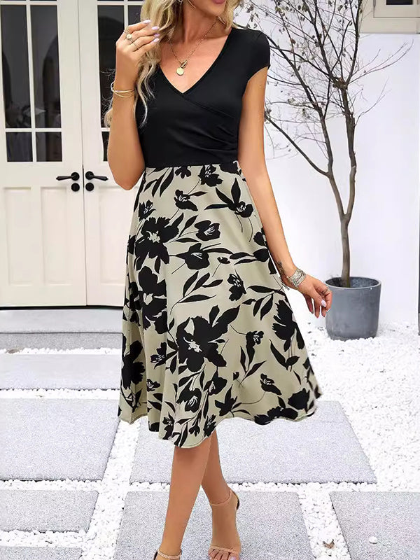 Loose Short Sleeves Floral Printed Pleated Split-Joint V-Neck Midi Dresses