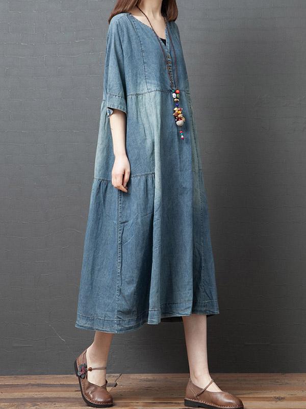 Plus Size Loose V-Neck Denim Midi Dress