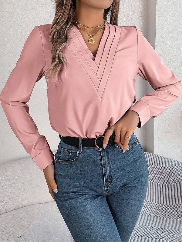 Long Sleeves Loose Pleated Solid Color Split-Joint V-Neck T-Shirts Tops