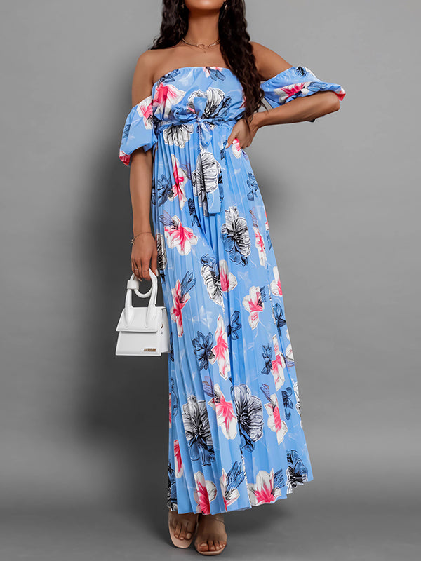 A-Line Loose Elasticity Flower Print Pleated Split-Joint Tied Waist Off-The-Shoulder Maxi Dresses