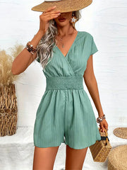 Loose Raglan Sleeve Elasticity Pleated Solid Color Split-Joint V-Neck Rompers