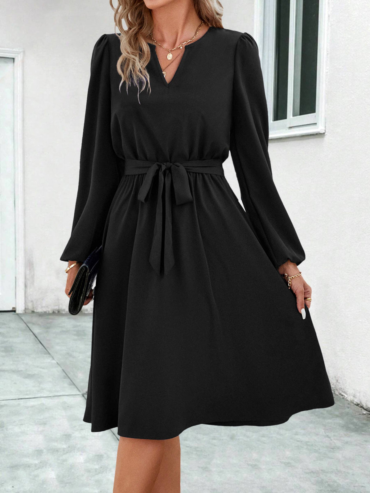 Long Sleeved V-neck Tie Up Dress