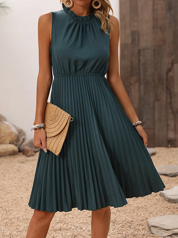 A-Line Loose Elasticity Pleated Solid Color Split-Joint Mock Neck Midi Dresses