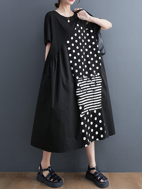 Irregularity Oversize Printed Striped Polka-Dot Split-Joint Round-Neck Midi Dresses