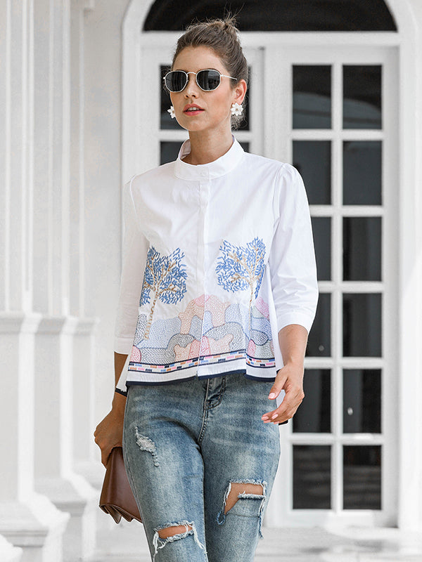 Casual Three-Quarter Sleeves Loose Embroidered Stand Collar Blouses&Shirts Tops