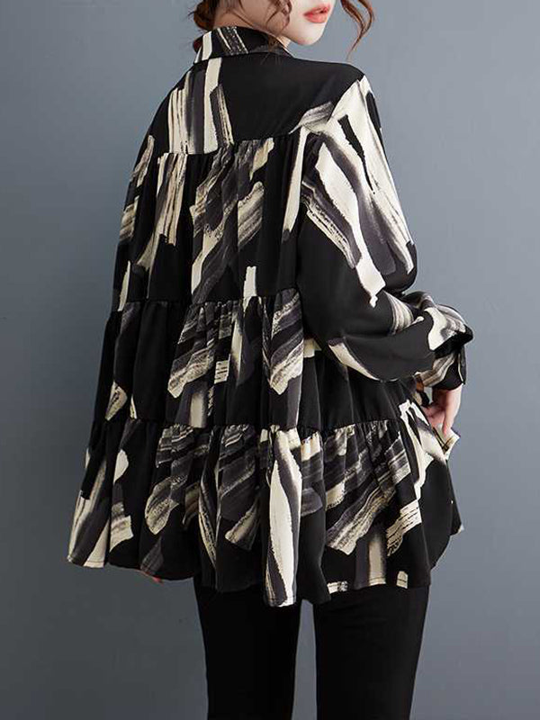 Long Sleeves Loose Pleated Printed Split-Joint Lapel Blouses