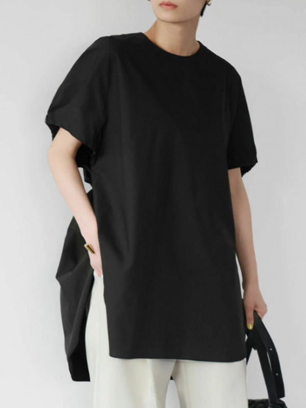 High-low Loose Elasticity Solid Color Split-side Round-neck T-Shirts Tops