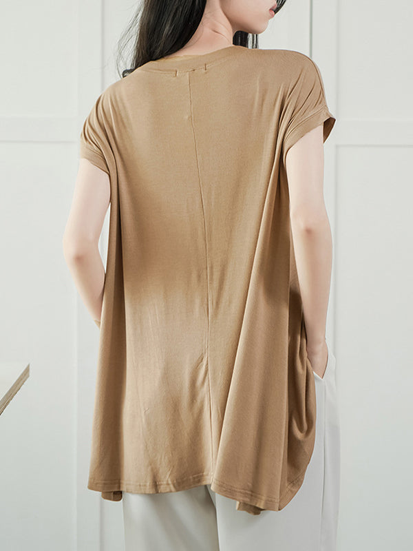 High-Low Loose Asymmetric Solid Color Round-Neck T-Shirts Tops