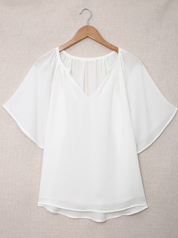 Simple Casual Solid Color Loose Pleated Half Sleeves T-Shirt Top