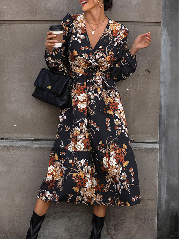 Loose Puff Sleeves Flower Print Pleated Split-Joint Tied Waist V-Neck Midi Dresses Shirt Dress