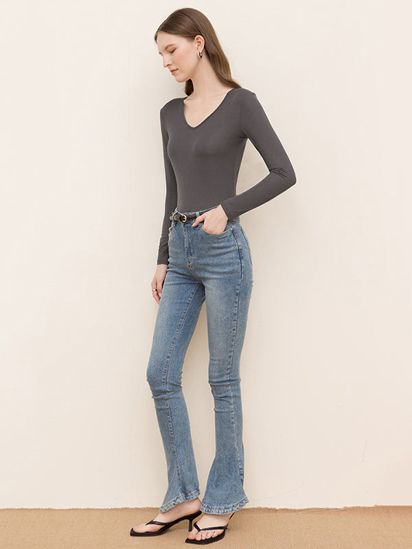 Casual Skinny Long Sleeves Solid Color V-Neck T-Shirts