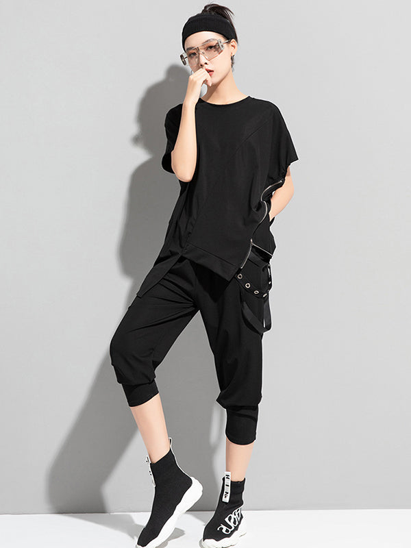 Stylish Irregular Zipper Split-Joint Black T-Shirt Top