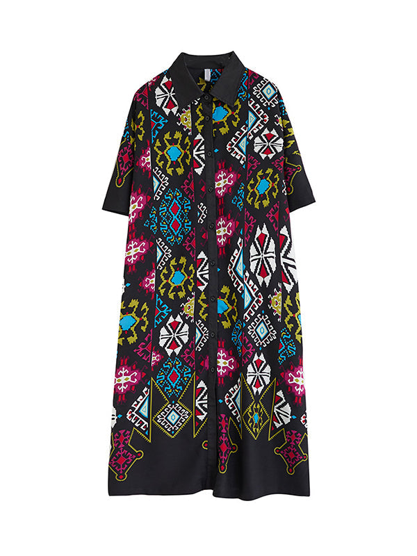 A-Line Loose Buttoned Printed Lapel Midi Dresses