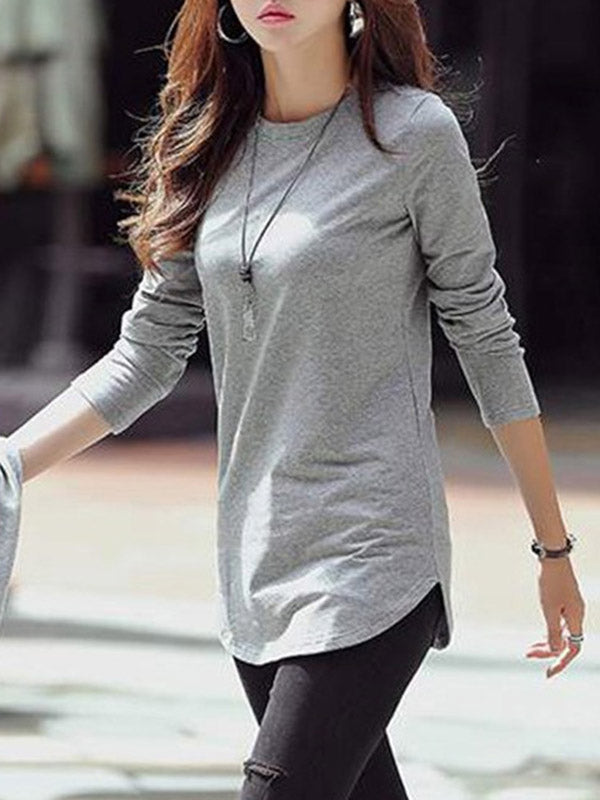 Long Sleeves Solid Color Round-Neck T-Shirts Tops