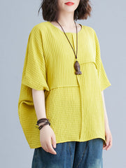 Batwing Sleeves Loose Solid Color Split-Joint Round-Neck T-Shirts Tops