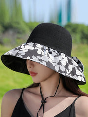 Bowknot Flower Print Pleated Split-Joint Sun Protection Fisherman Hat Sun Hat