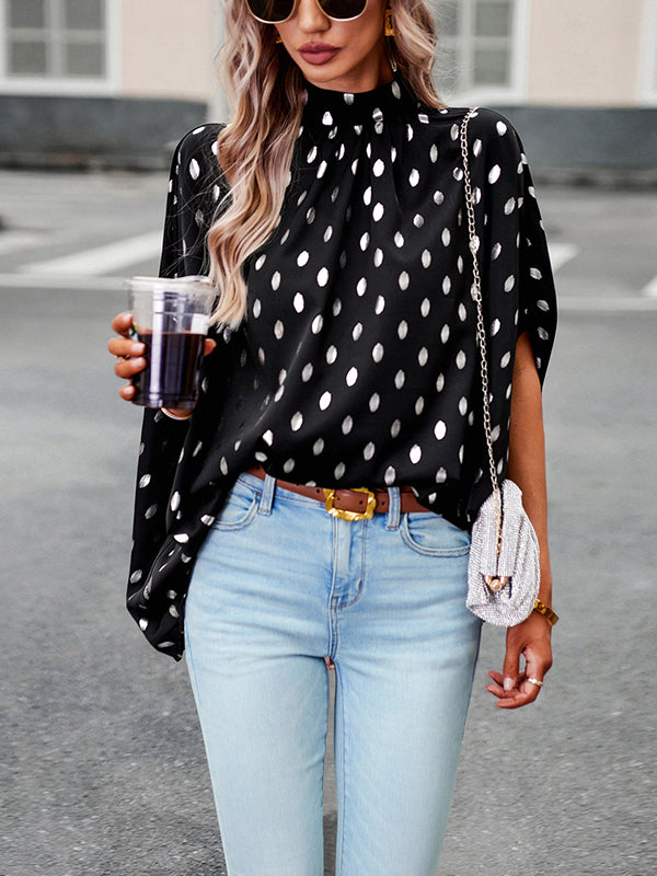 Loose Bandage Polka Dot Round-Neck Blouses&Shirts Tops