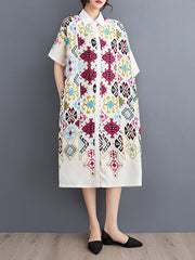 A-Line Loose Buttoned Printed Lapel Midi Dresses