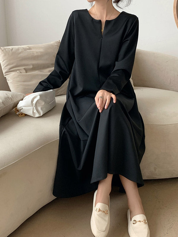 A-Line Long Sleeves Hollow Solid Color V-Neck Midi Dresses